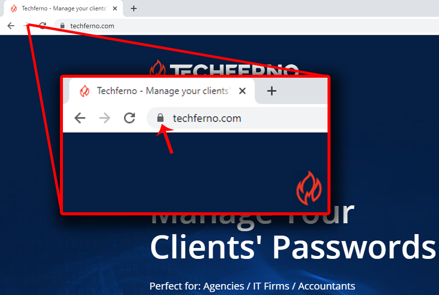 A zooming image of the SSL padlock indicator on the Techferno website.